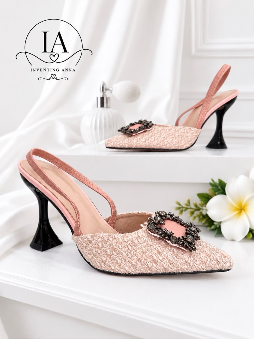 Pink Tweed Jeweled Slingback Heels Pointed Toe Sculptural 3” Heel
